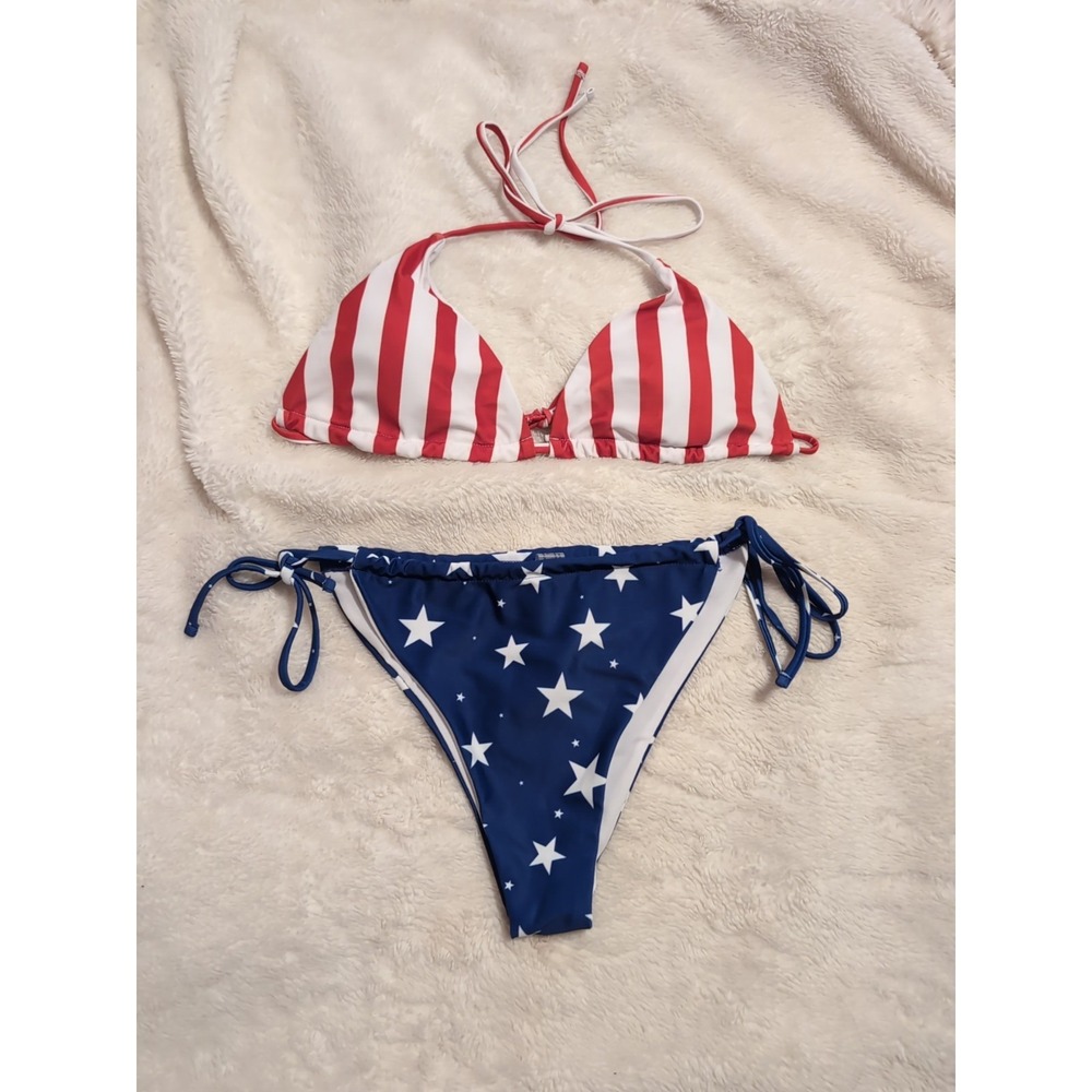 New Patriotic Stars & Stripes Flag Triangle 2-Piece Bikini Size Large